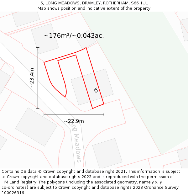 6, LONG MEADOWS, BRAMLEY, ROTHERHAM, S66 1UL: Plot and title map