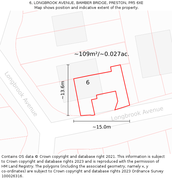 6, LONGBROOK AVENUE, BAMBER BRIDGE, PRESTON, PR5 6XE: Plot and title map