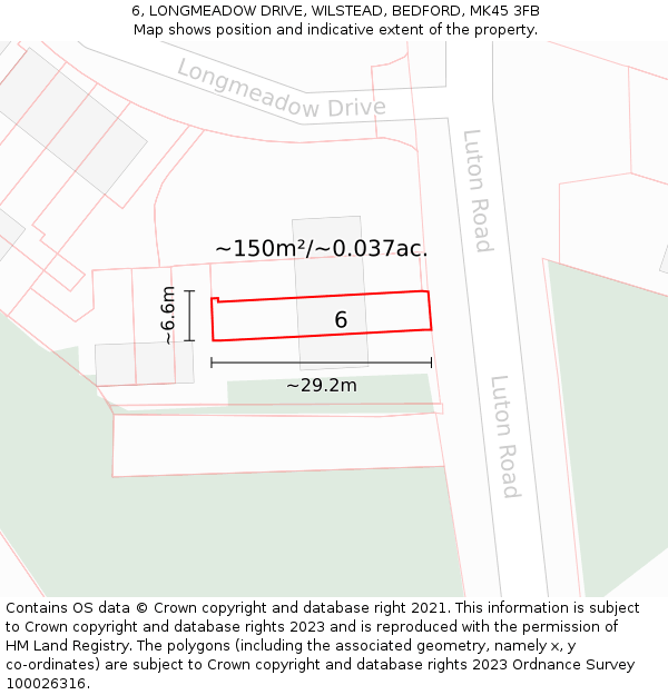 6, LONGMEADOW DRIVE, WILSTEAD, BEDFORD, MK45 3FB: Plot and title map