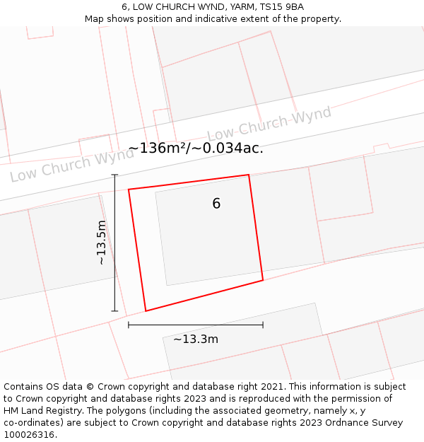 6, LOW CHURCH WYND, YARM, TS15 9BA: Plot and title map