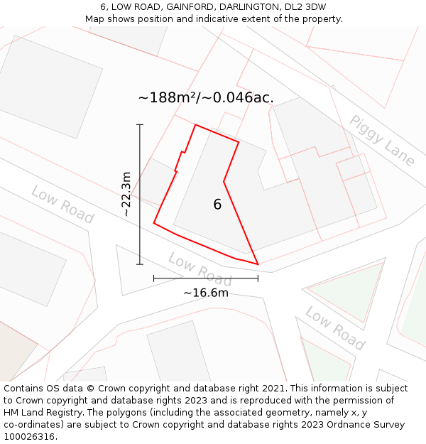 6, LOW ROAD, GAINFORD, DARLINGTON, DL2 3DW: Plot and title map