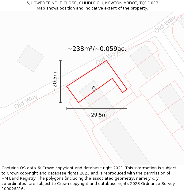 6, LOWER TRINDLE CLOSE, CHUDLEIGH, NEWTON ABBOT, TQ13 0FB: Plot and title map