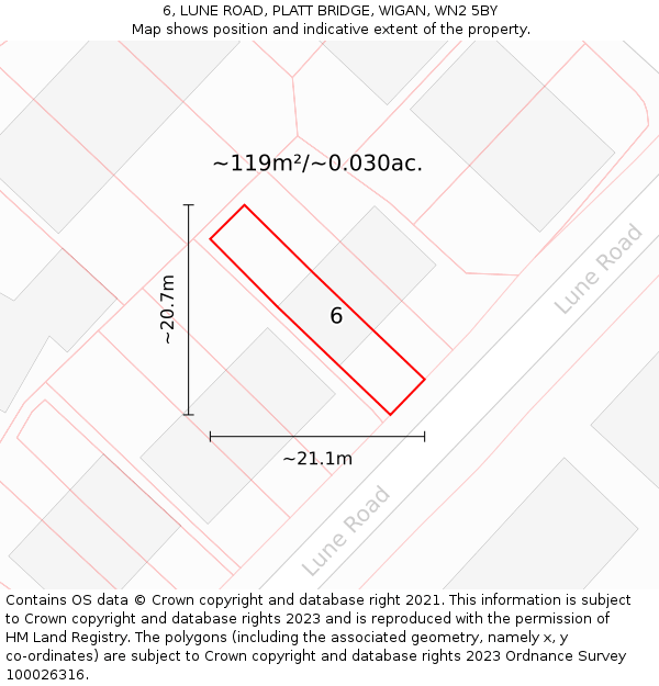 6, LUNE ROAD, PLATT BRIDGE, WIGAN, WN2 5BY: Plot and title map