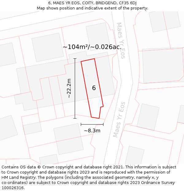 6, MAES YR EOS, COITY, BRIDGEND, CF35 6DJ: Plot and title map