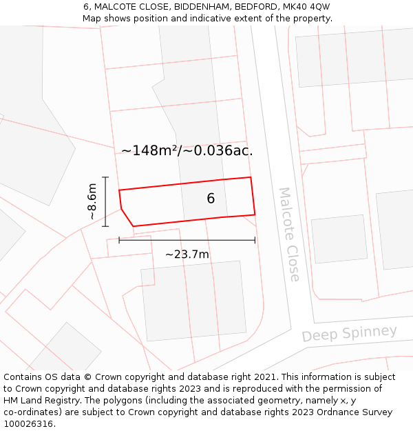 6, MALCOTE CLOSE, BIDDENHAM, BEDFORD, MK40 4QW: Plot and title map