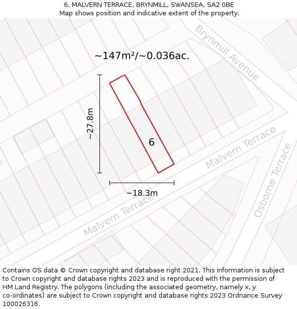 6, MALVERN TERRACE, BRYNMILL, SWANSEA, SA2 0BE: Plot and title map