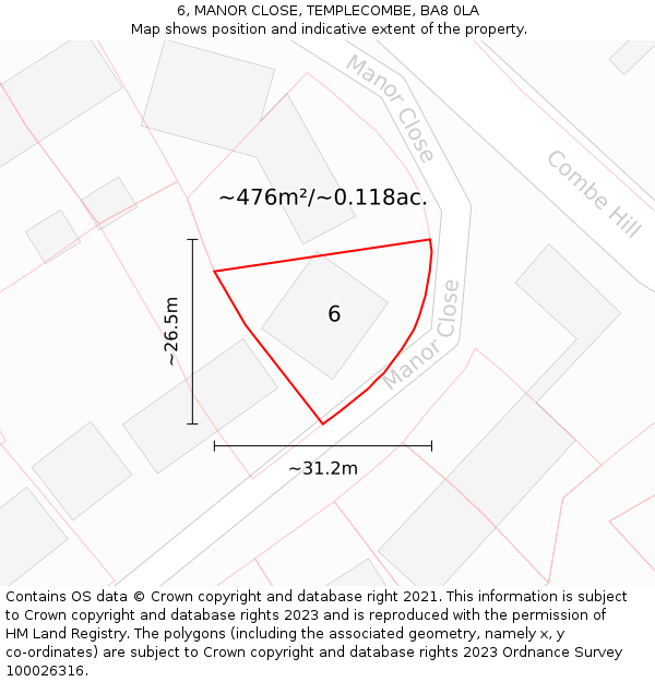 6, MANOR CLOSE, TEMPLECOMBE, BA8 0LA: Plot and title map