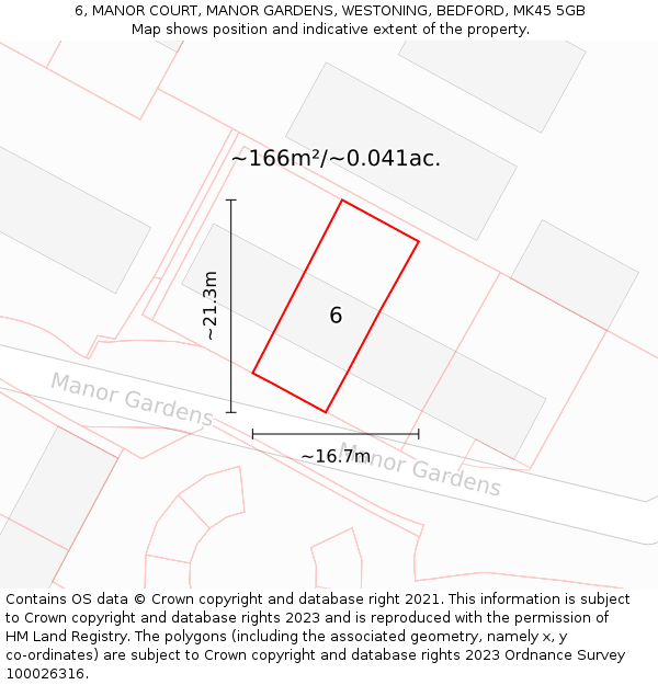 6, MANOR COURT, MANOR GARDENS, WESTONING, BEDFORD, MK45 5GB: Plot and title map