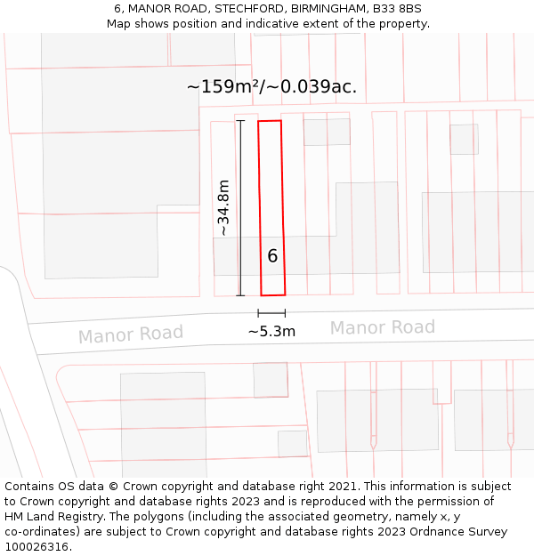 6, MANOR ROAD, STECHFORD, BIRMINGHAM, B33 8BS: Plot and title map