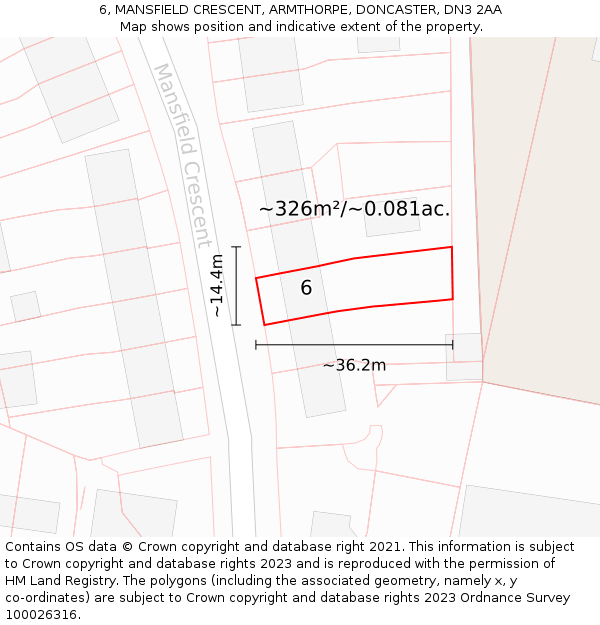 6, MANSFIELD CRESCENT, ARMTHORPE, DONCASTER, DN3 2AA: Plot and title map