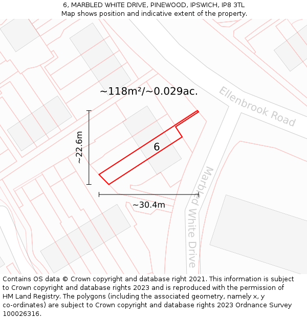 6, MARBLED WHITE DRIVE, PINEWOOD, IPSWICH, IP8 3TL: Plot and title map
