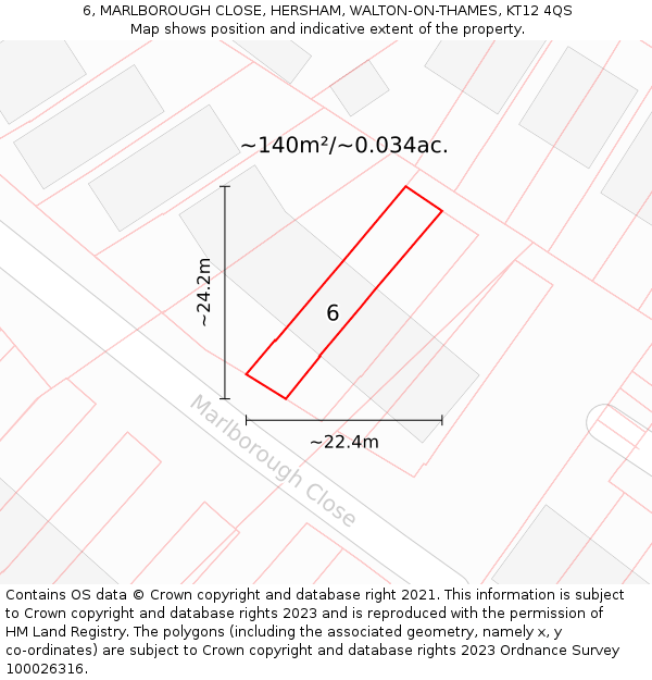 6, MARLBOROUGH CLOSE, HERSHAM, WALTON-ON-THAMES, KT12 4QS: Plot and title map