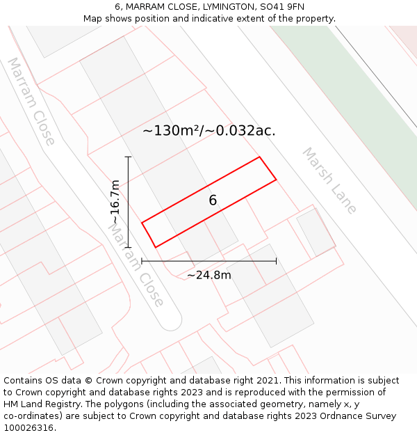 6, MARRAM CLOSE, LYMINGTON, SO41 9FN: Plot and title map