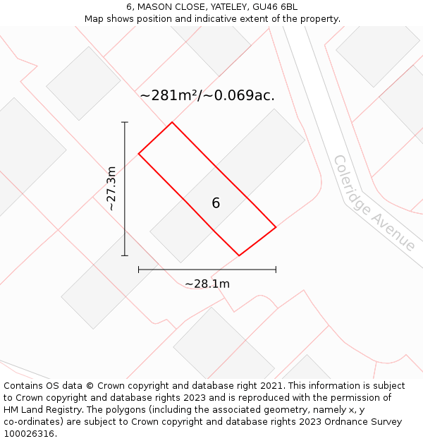 6, MASON CLOSE, YATELEY, GU46 6BL: Plot and title map