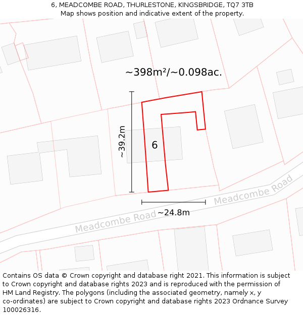 6, MEADCOMBE ROAD, THURLESTONE, KINGSBRIDGE, TQ7 3TB: Plot and title map