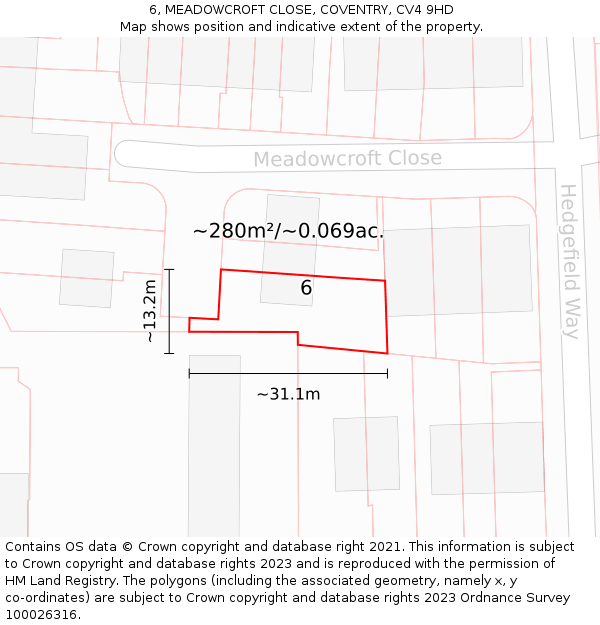 6, MEADOWCROFT CLOSE, COVENTRY, CV4 9HD: Plot and title map