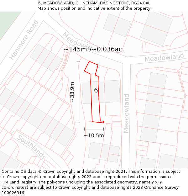 6, MEADOWLAND, CHINEHAM, BASINGSTOKE, RG24 8XL: Plot and title map