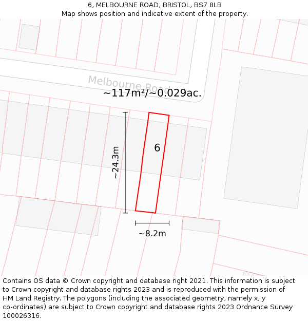6, MELBOURNE ROAD, BRISTOL, BS7 8LB: Plot and title map