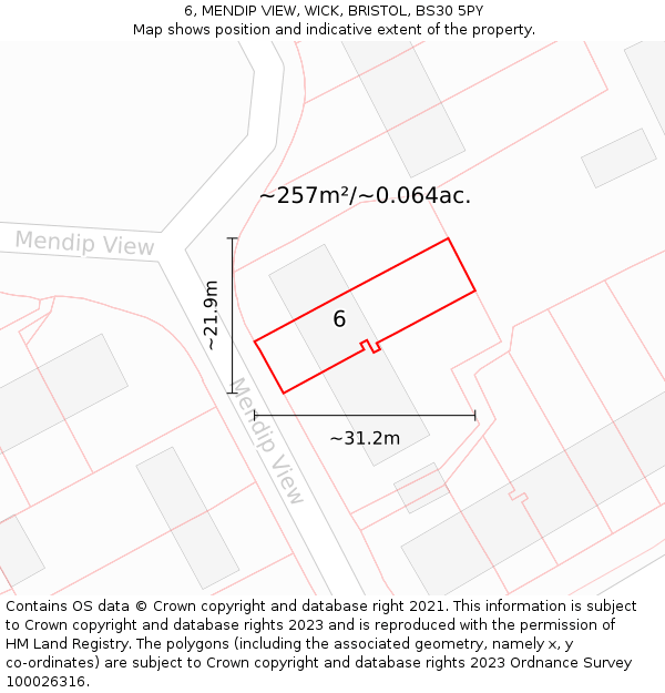 6, MENDIP VIEW, WICK, BRISTOL, BS30 5PY: Plot and title map