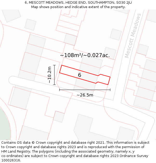 6, MESCOTT MEADOWS, HEDGE END, SOUTHAMPTON, SO30 2JU: Plot and title map