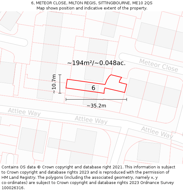 6, METEOR CLOSE, MILTON REGIS, SITTINGBOURNE, ME10 2QS: Plot and title map