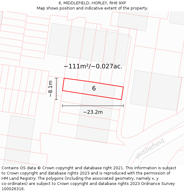 6, MIDDLEFIELD, HORLEY, RH6 9XP: Plot and title map