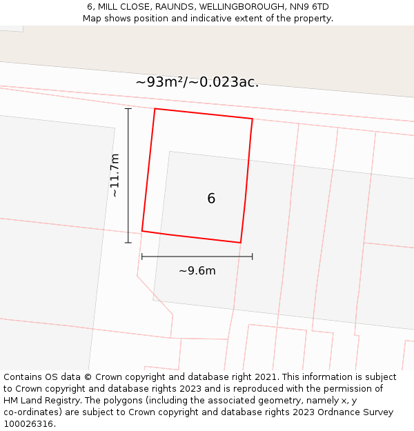 6, MILL CLOSE, RAUNDS, WELLINGBOROUGH, NN9 6TD: Plot and title map