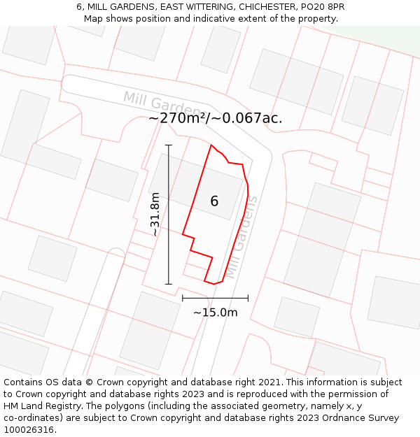 6, MILL GARDENS, EAST WITTERING, CHICHESTER, PO20 8PR: Plot and title map