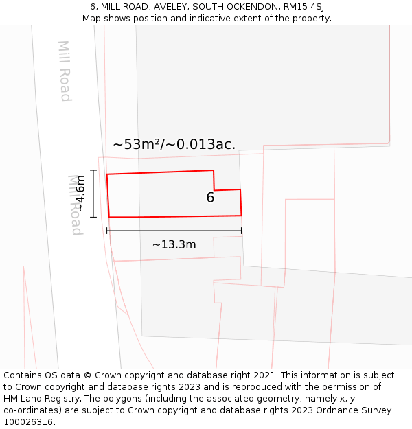 6, MILL ROAD, AVELEY, SOUTH OCKENDON, RM15 4SJ: Plot and title map