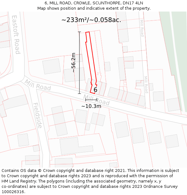 6, MILL ROAD, CROWLE, SCUNTHORPE, DN17 4LN: Plot and title map