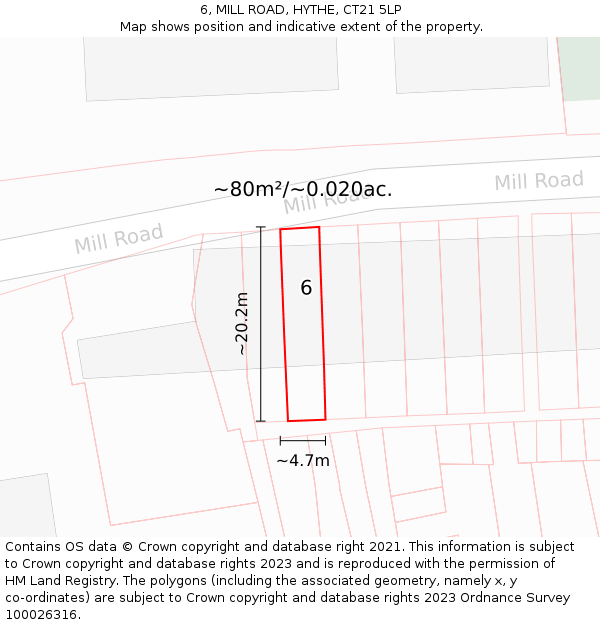 6, MILL ROAD, HYTHE, CT21 5LP: Plot and title map
