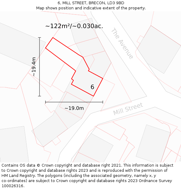 6, MILL STREET, BRECON, LD3 9BD: Plot and title map