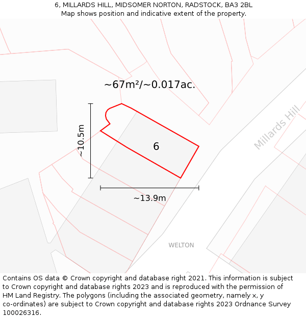 6, MILLARDS HILL, MIDSOMER NORTON, RADSTOCK, BA3 2BL: Plot and title map