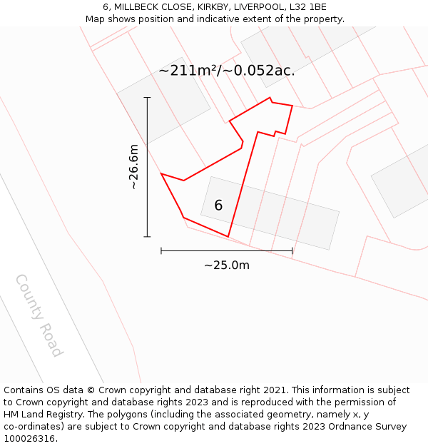 6, MILLBECK CLOSE, KIRKBY, LIVERPOOL, L32 1BE: Plot and title map