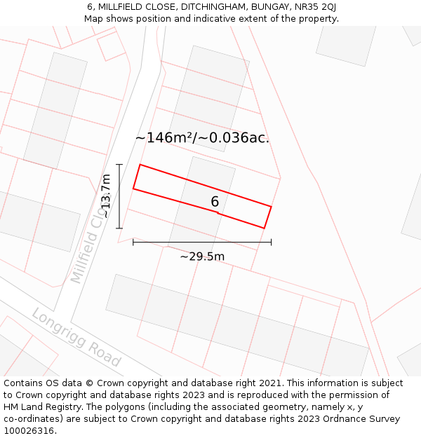 6, MILLFIELD CLOSE, DITCHINGHAM, BUNGAY, NR35 2QJ: Plot and title map