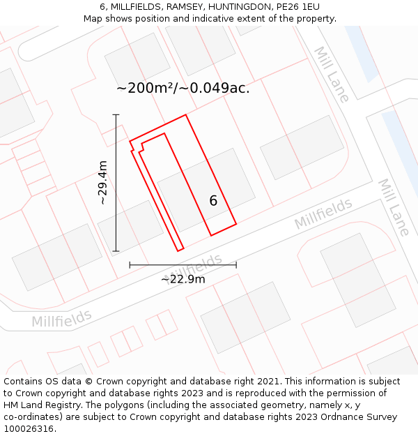 6, MILLFIELDS, RAMSEY, HUNTINGDON, PE26 1EU: Plot and title map