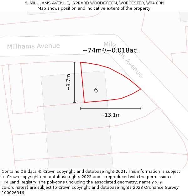 6, MILLHAMS AVENUE, LYPPARD WOODGREEN, WORCESTER, WR4 0RN: Plot and title map