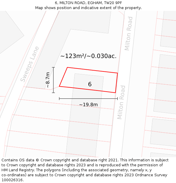 6, MILTON ROAD, EGHAM, TW20 9PF: Plot and title map