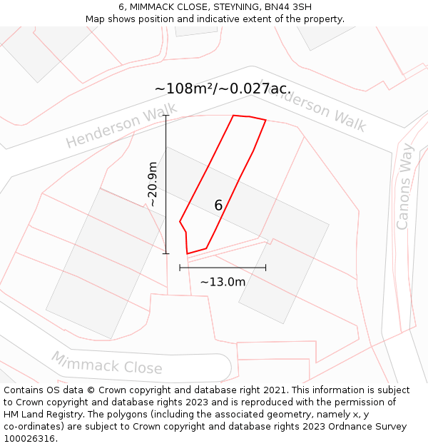 6, MIMMACK CLOSE, STEYNING, BN44 3SH: Plot and title map