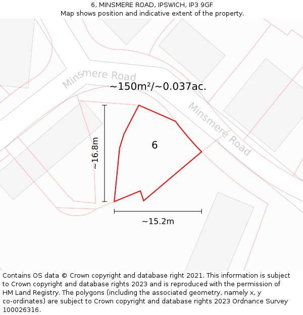 6, MINSMERE ROAD, IPSWICH, IP3 9GF: Plot and title map