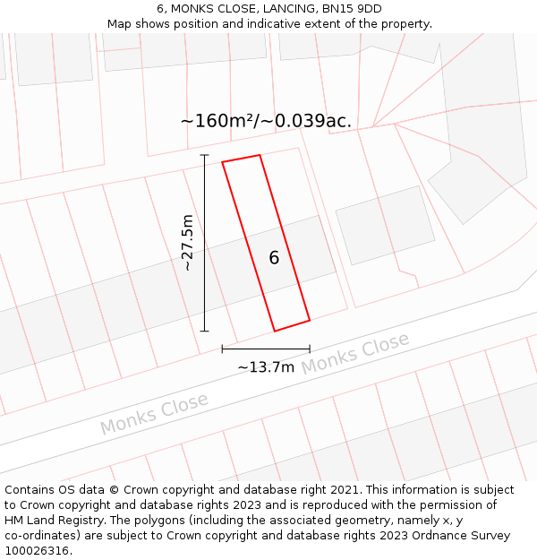 6, MONKS CLOSE, LANCING, BN15 9DD: Plot and title map