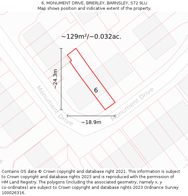 6, MONUMENT DRIVE, BRIERLEY, BARNSLEY, S72 9LU: Plot and title map