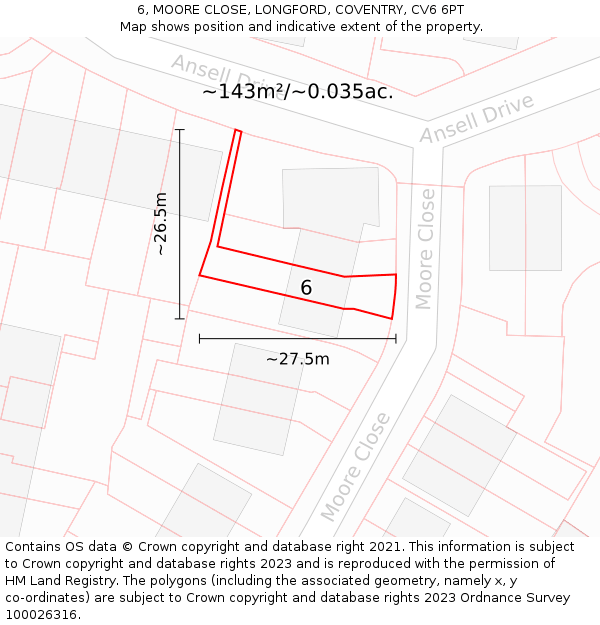 6, MOORE CLOSE, LONGFORD, COVENTRY, CV6 6PT: Plot and title map