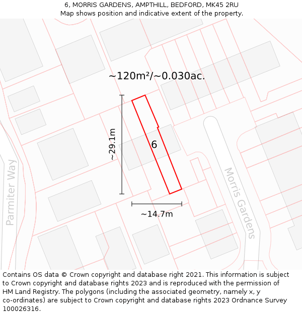6, MORRIS GARDENS, AMPTHILL, BEDFORD, MK45 2RU: Plot and title map