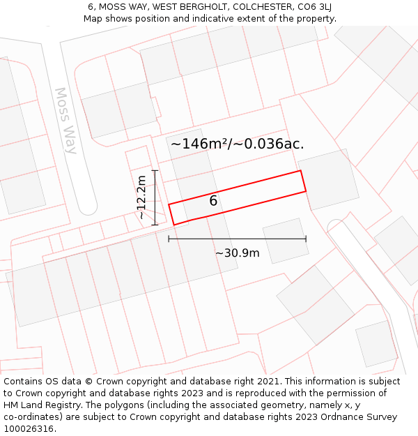 6, MOSS WAY, WEST BERGHOLT, COLCHESTER, CO6 3LJ: Plot and title map