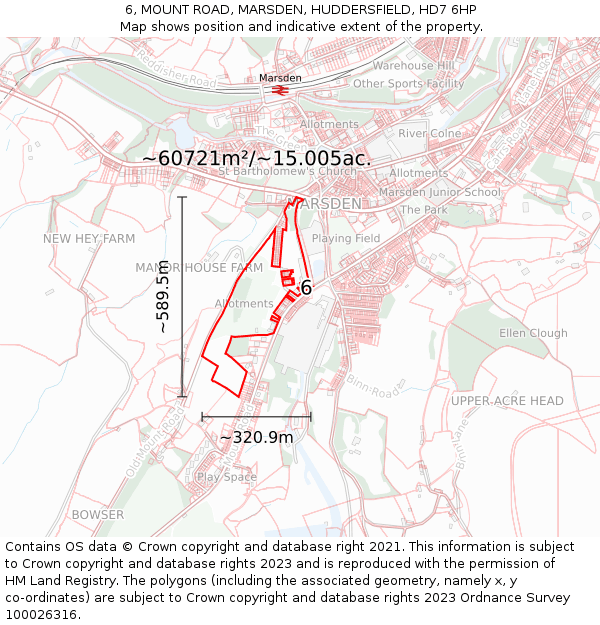 6, MOUNT ROAD, MARSDEN, HUDDERSFIELD, HD7 6HP: Plot and title map