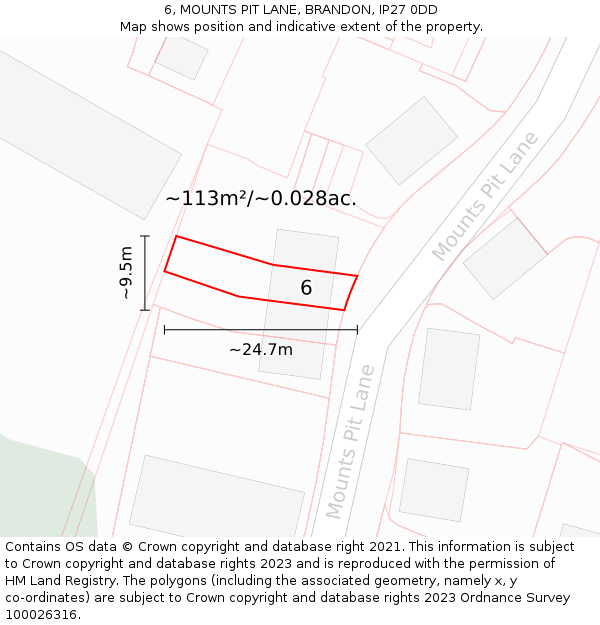 6, MOUNTS PIT LANE, BRANDON, IP27 0DD: Plot and title map