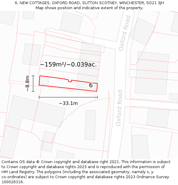 6, NEW COTTAGES, OXFORD ROAD, SUTTON SCOTNEY, WINCHESTER, SO21 3JH: Plot and title map
