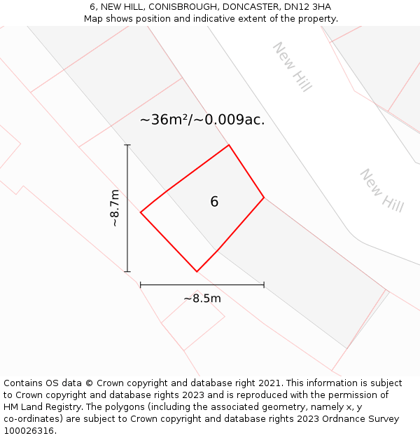 6, NEW HILL, CONISBROUGH, DONCASTER, DN12 3HA: Plot and title map