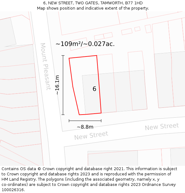 6, NEW STREET, TWO GATES, TAMWORTH, B77 1HD: Plot and title map